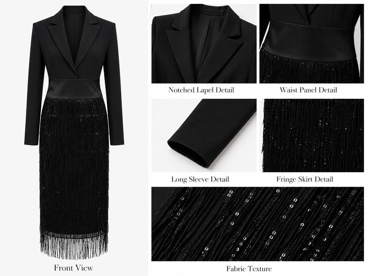 Margaux | Robe Midi Effet Blazer, Paillettes Et Franges Noire